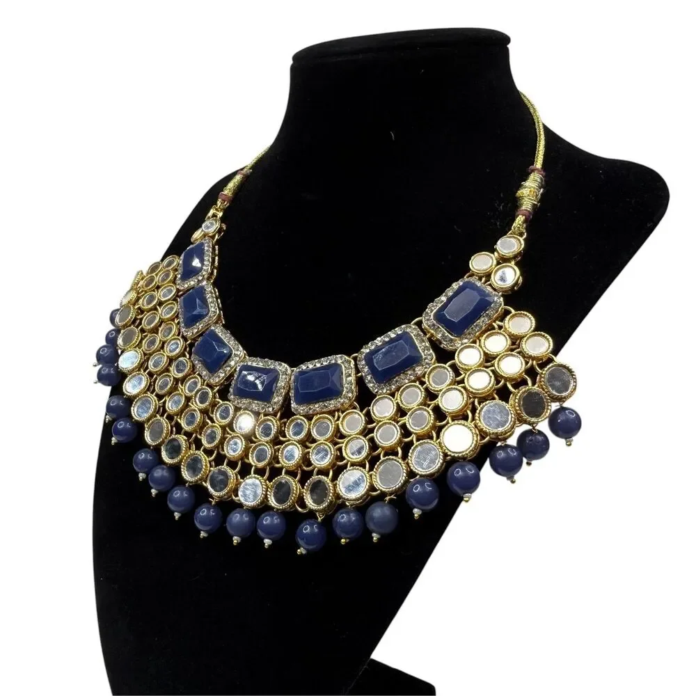 Chunky Bib Mirror Statement Necklace Acrylic Blue Gold Fashion Jewelry 20